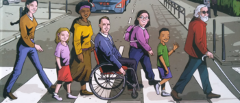 Illustration de personnes porteuses de différents types de handicap traversant un passage piéton