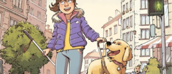 Couverture de la bande dessinée : une petite fille aveugle se promène avec son chien guide et sa canne blanche, les deux personnages sourient